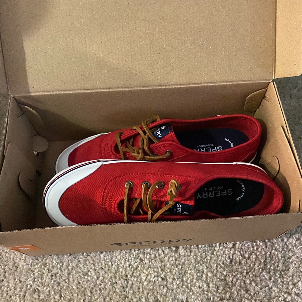 Sperry Red Canvas Shoes with White Soles